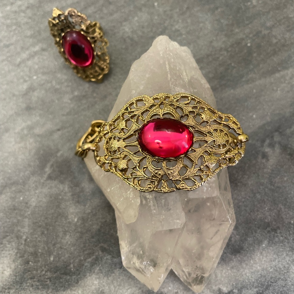 Vintage West Germany Gold Filigree Bracelet Red Glass Ring Set - Picture 8 of 16